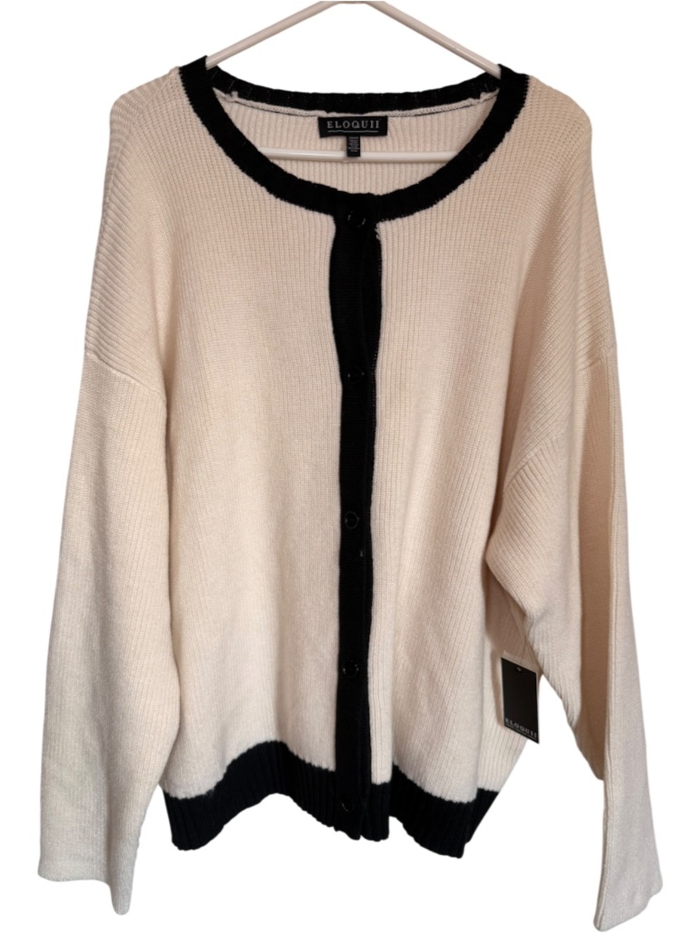 NWT Eloquii Cream Black Contrast Trim Ribbed Cardigan Sweater Plus Size 22/24